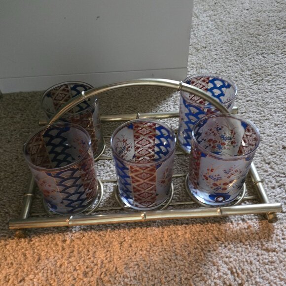 Decorative Glassware Set of 5 with Gold Metal Caddy – Lightly Used – Incomplete - Picture 11 of 15